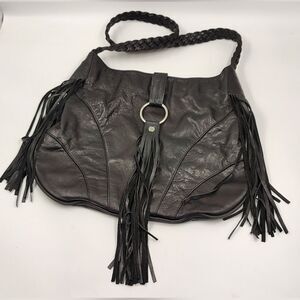 J J Winters Black Fringe Leather Boho Bag Vintage